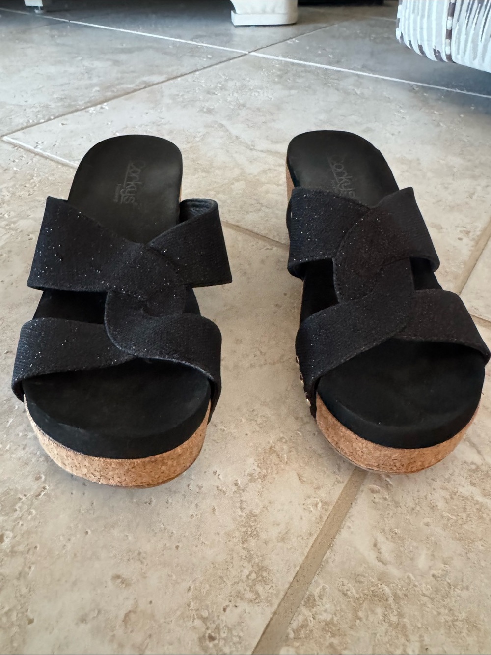 Corkys Black Cork Platform Crossband Slide Sandals